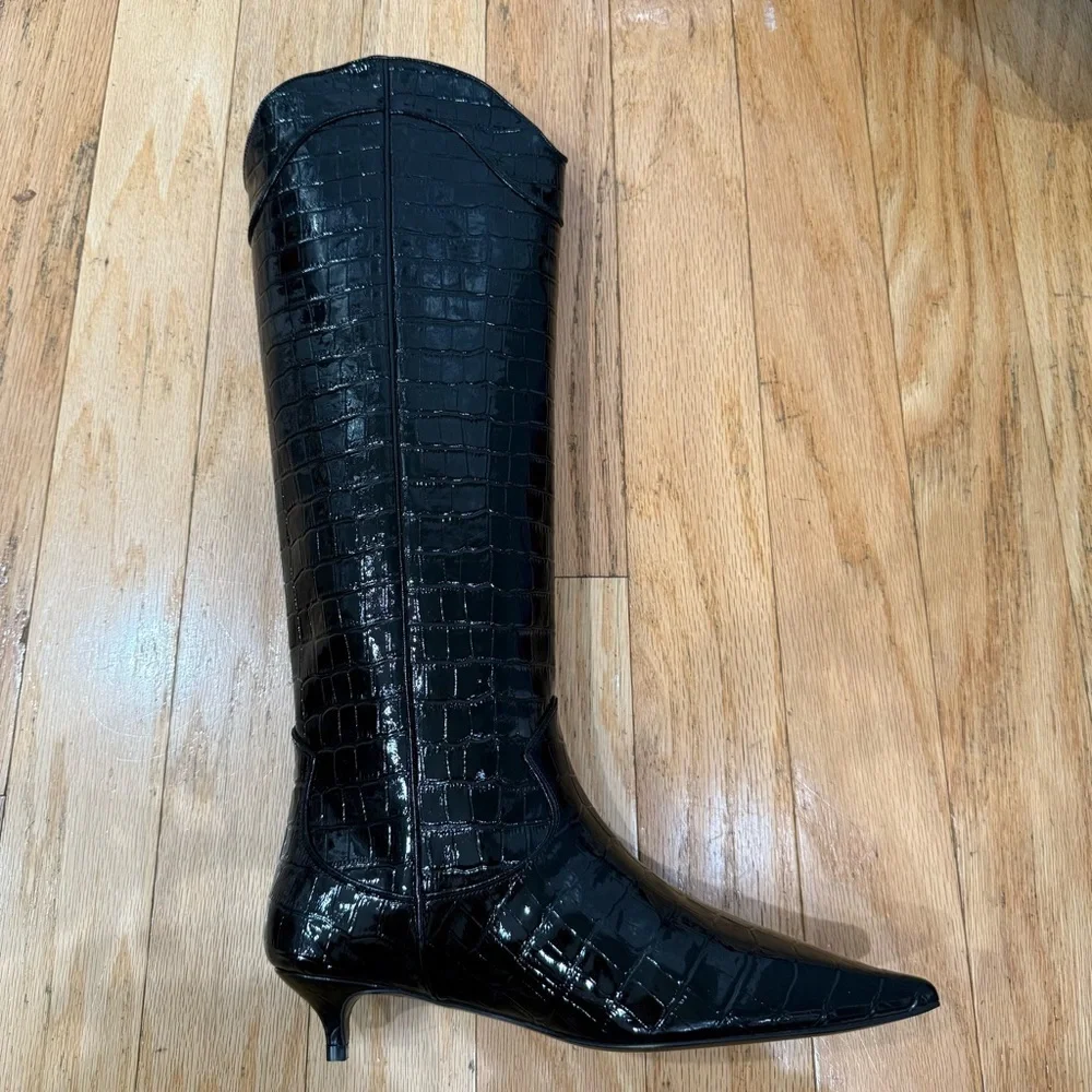 Anine Bing Black Croc-Embossed Knee-High Boots size 38